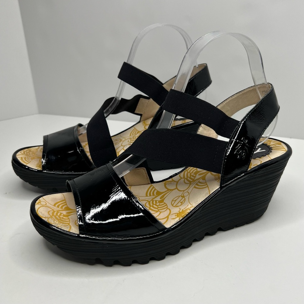 Fly London Black Patent Wedge Sandals